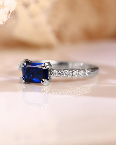 VELDA Pave Band East-West Emerald Cut Sapphire Engagement Ring