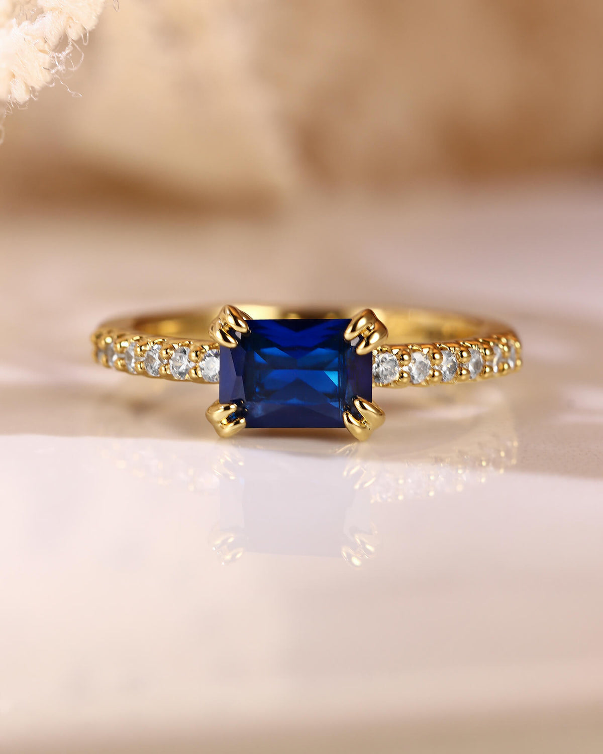VELDA Pave Band East-West Emerald Cut Sapphire Engagement Ring