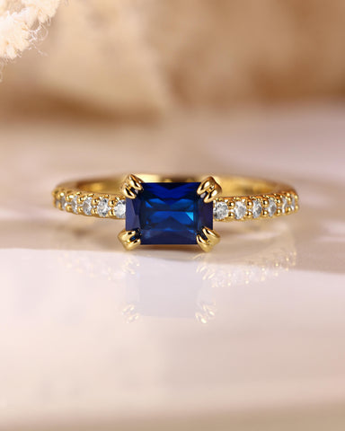 VELDA Pave Band East-West Emerald Cut Sapphire Engagement Ring