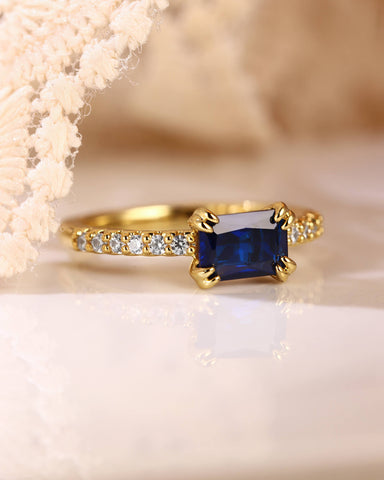 VELDA Pave Band East-West Emerald Cut Sapphire Engagement Ring