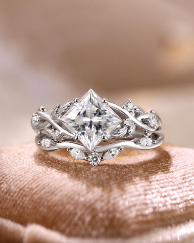 TARIAN Princess Cut Moissanite Wedding Ring Nature Inspired Bridal Ring Set