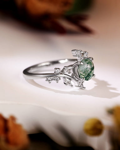KNIGHT Round Moss Agate Leaf Engagement Ring