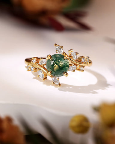 KNIGHT Round Moss Agate Leaf Engagement Ring