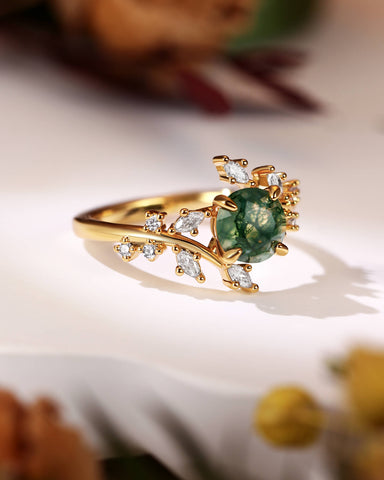 KNIGHT Round Moss Agate Leaf Engagement Ring
