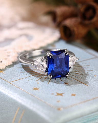 ZOE Three Stone Emerald Cut Sapphire Engagement Ring