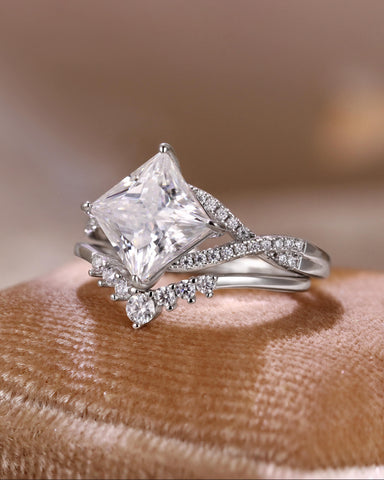 SERENITH Princess Cut Moissanite Wedding Ring Set Crossover Shank Design Bridal Ring Set