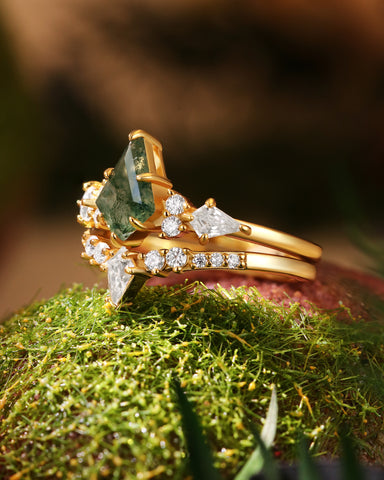 SIENNA Kite Cut Moss Agate Bridal Ring Set Nature Inspired Unique Ring Set