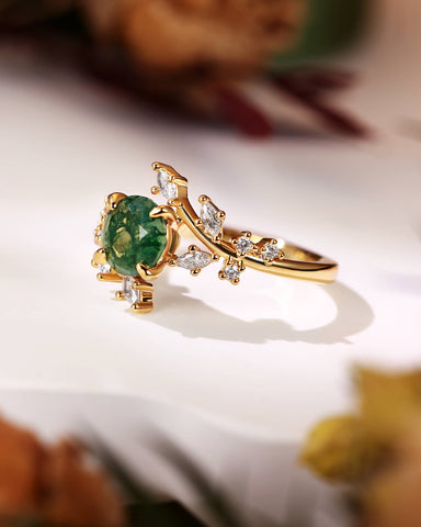 KNIGHT Round Moss Agate Leaf Engagement Ring
