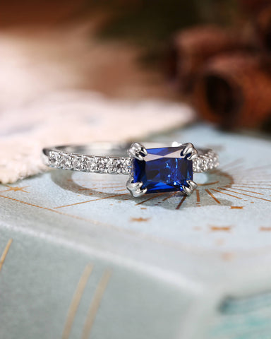 VELDA Pave Band East-West Emerald Cut Sapphire Engagement Ring