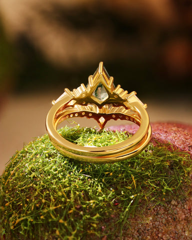 SIENNA Kite Cut Moss Agate Bridal Ring Set Nature Inspired Unique Ring Set