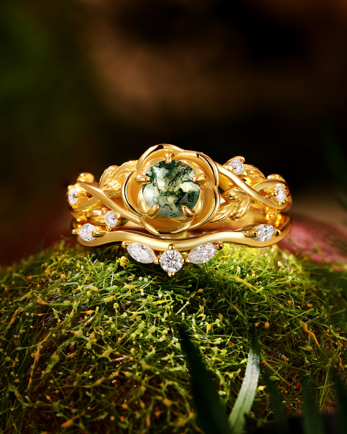 NIPOT Rose Blossom Moss Agate Leafy Engagement Ring Set