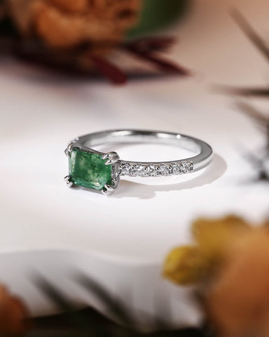 OLIA East West Emerald Cut Moss Agate Pave Moissanite Engagement Ring