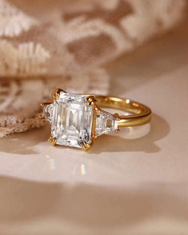 LEONIE Vintage Emerald Cut Moissanite Three Stone Engagement Ring