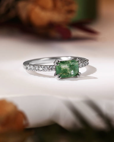 OLIA East West Emerald Cut Moss Agate Pave Moissanite Engagement Ring