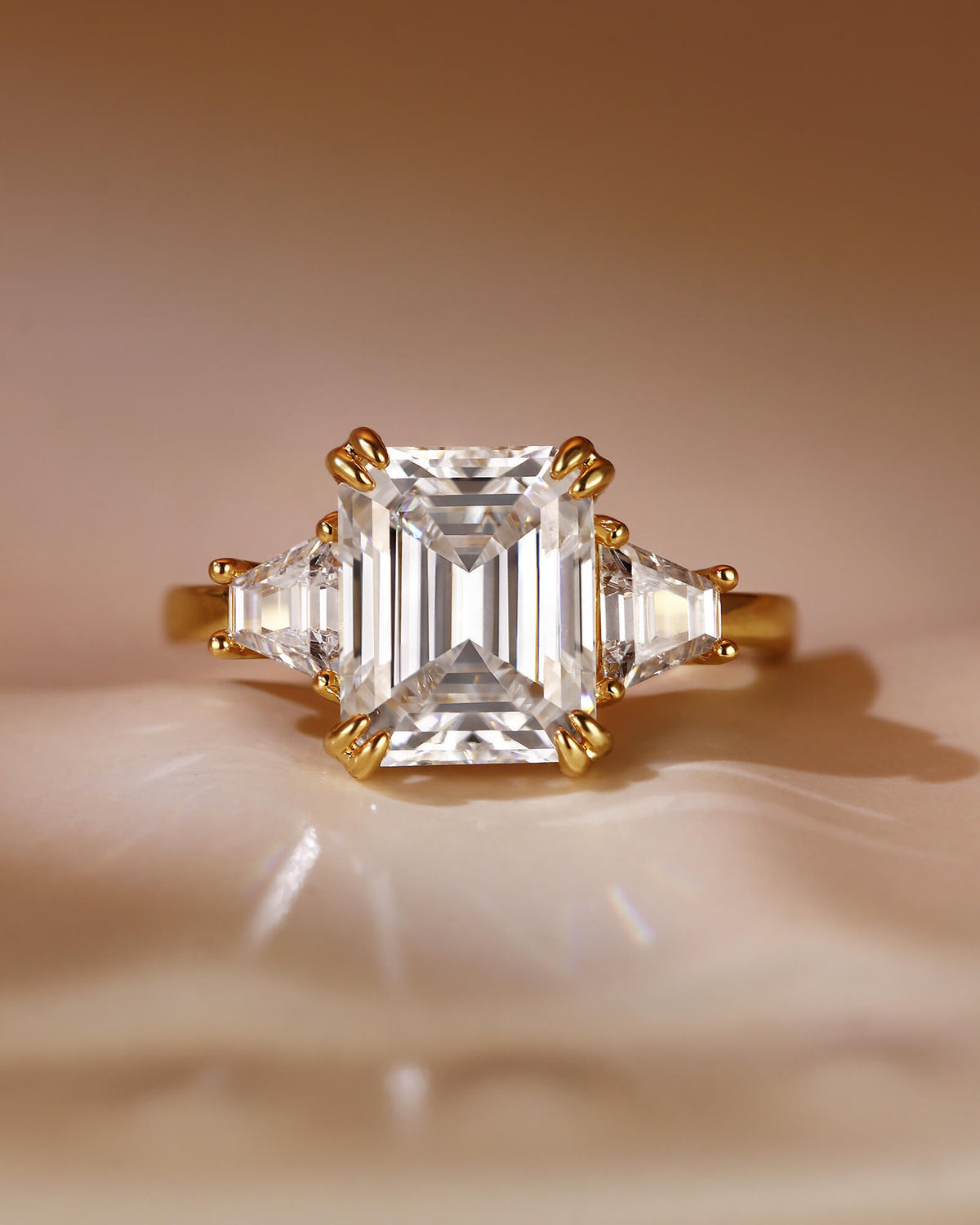 LEONIE Vintage Emerald Cut Moissanite Three Stone Engagement Ring