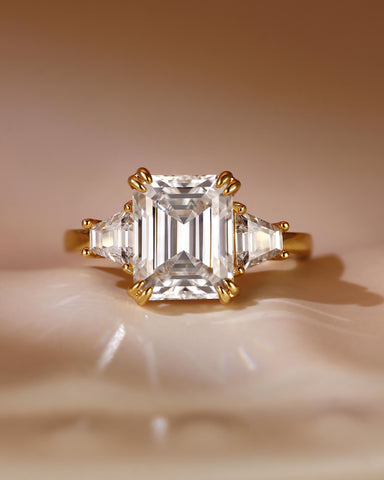 LEONIE Vintage Emerald Cut Moissanite Three Stone Engagement Ring