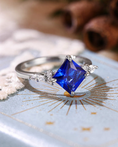 CECELIA Blue Sapphire Princess Cut Cluster Engagement Ring