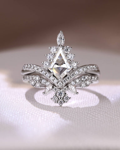 BIANCA Unique Bridal Ring Set Kite Cut Moissanite Engagement Ring with Lacey Band