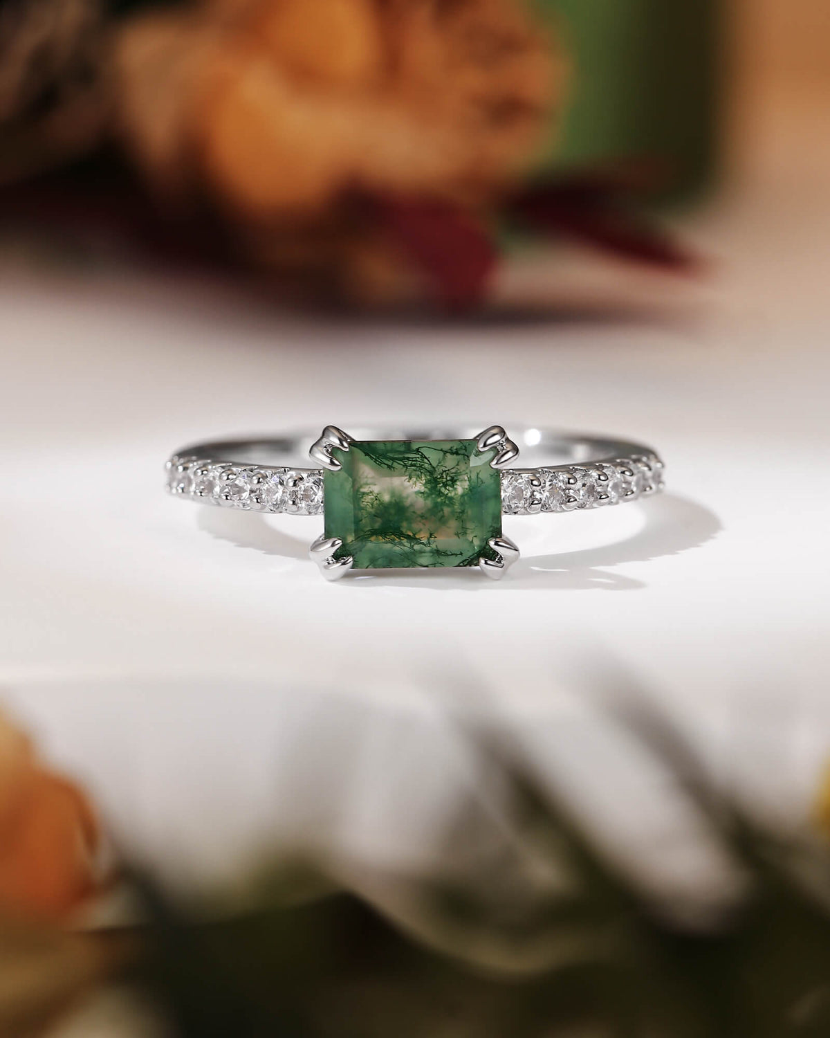 OLIA East West Emerald Cut Moss Agate Pave Moissanite Engagement Ring