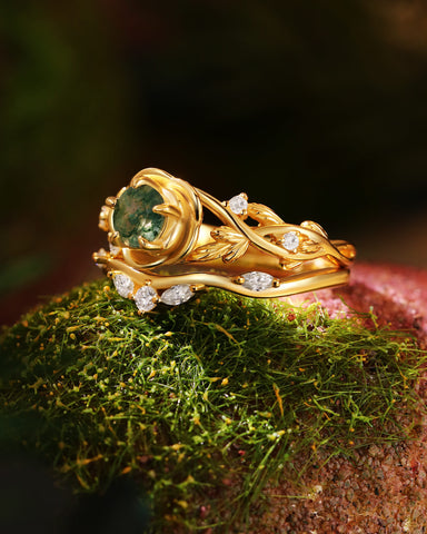 NIPOT Rose Blossom Moss Agate Leafy Engagement Ring Set
