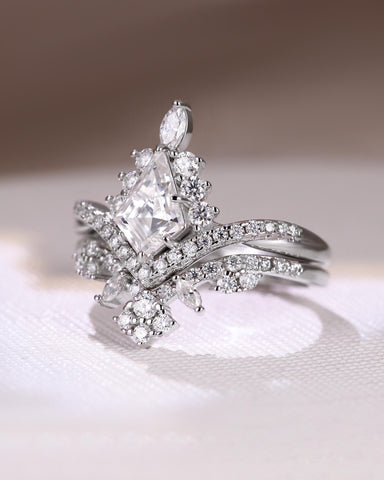 BIANCA Unique Bridal Ring Set Kite Cut Moissanite Engagement Ring with Lacey Band