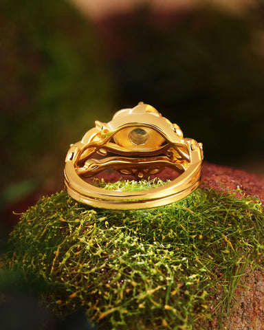 NIPOT Rose Blossom Moss Agate Leafy Engagement Ring Set