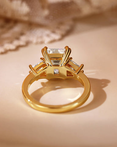 LEONIE Vintage Emerald Cut Moissanite Three Stone Engagement Ring