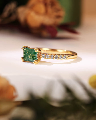 OLIA East West Emerald Cut Moss Agate Pave Moissanite Engagement Ring