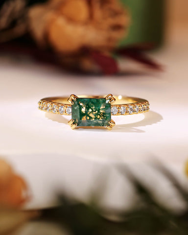OLIA East West Emerald Cut Moss Agate Pave Moissanite Engagement Ring