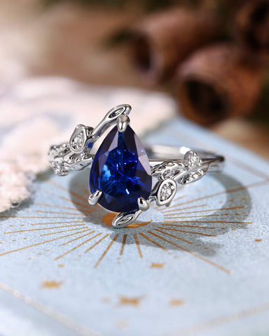 HELENE Pear Cut Sapphire Leafy Nature Inspired Engagement Ring