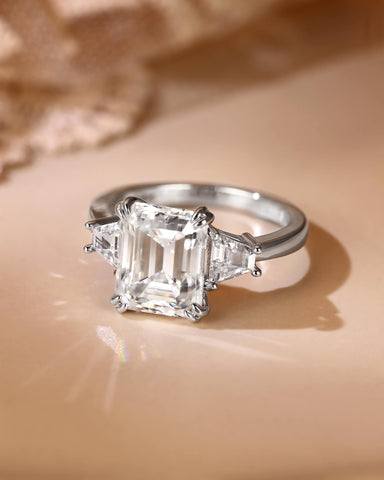 LEONIE Vintage Emerald Cut Moissanite Three Stone Engagement Ring