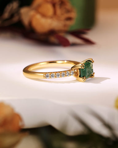 OLIA East West Emerald Cut Moss Agate Pave Moissanite Engagement Ring