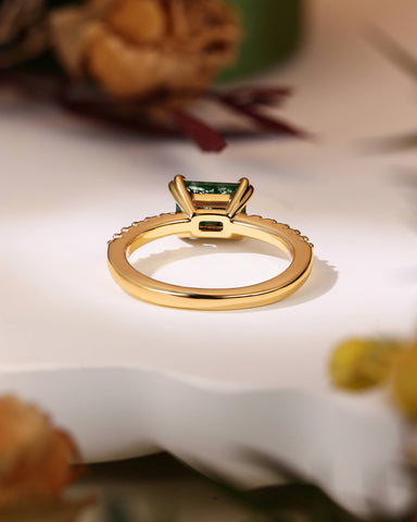 OLIA East West Emerald Cut Moss Agate Pave Moissanite Engagement Ring