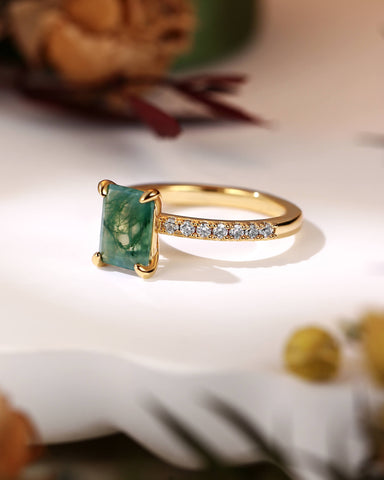 RAYA Emerald Cut Natural Moss Agate Solitaire Engagement Ring