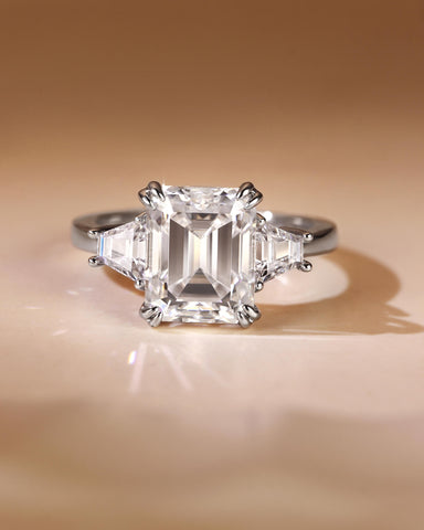 LEONIE Vintage Emerald Cut Moissanite Three Stone Engagement Ring