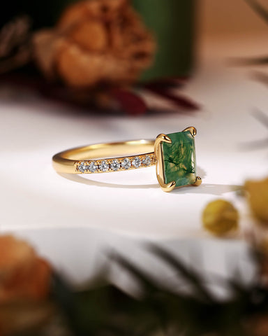 RAYA Emerald Cut Natural Moss Agate Solitaire Engagement Ring
