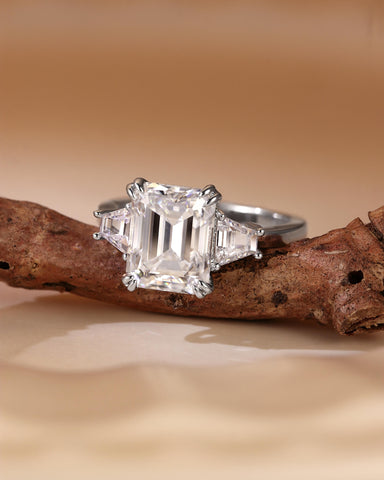 LEONIE Vintage Emerald Cut Moissanite Three Stone Engagement Ring