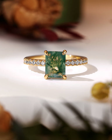 RAYA Emerald Cut Natural Moss Agate Solitaire Engagement Ring