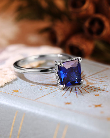 BELINDA Floral Basket Princess Cut Sapphire Solitaire Engagement Ring
