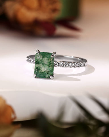 RAYA Emerald Cut Natural Moss Agate Solitaire Engagement Ring