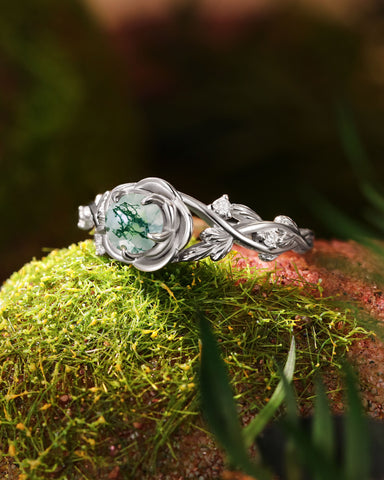 AMORA Rose Encircled Moss Agate Leafy Engagement Ring