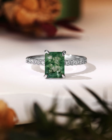 RAYA Emerald Cut Natural Moss Agate Solitaire Engagement Ring