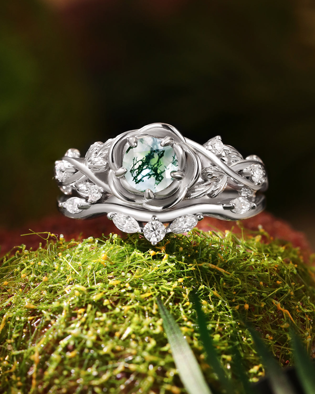 NIPOT Rose Blossom Moss Agate Leafy Engagement Ring Set