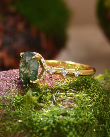UDAIS Unique Nature Inspired Oval Shaped Moss Agate Engagement Ring