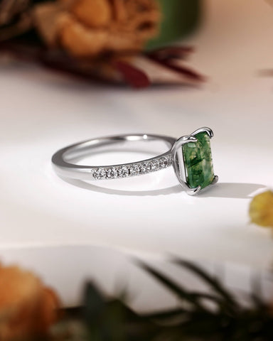 RAYA Emerald Cut Natural Moss Agate Solitaire Engagement Ring