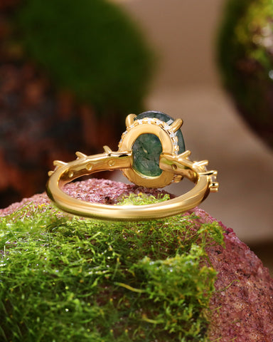 UDAIS Unique Nature Inspired Oval Shaped Moss Agate Engagement Ring