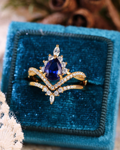ISABELLA Fine Pear Cut Sapphire Engagement Ring Set 2pcs