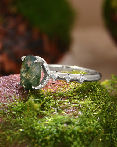 UDAIS Unique Nature Inspired Oval Shaped Moss Agate Engagement Ring