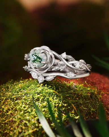 NIPOT Rose Blossom Moss Agate Leafy Engagement Ring Set
