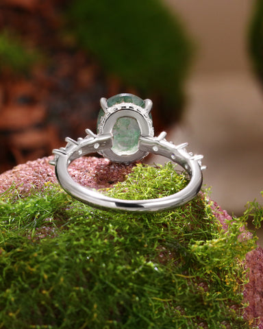 UDAIS Unique Nature Inspired Oval Shaped Moss Agate Engagement Ring